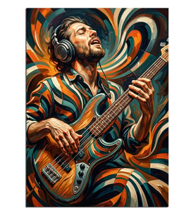 Kulaklıklı Bas Gitar Çalan Adam Dekoratif Kanvas - Mdf Ahşap Tablo