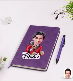 BK Gift Kişiye Özel Erkek Patron Karikatürlü Mor Termo Deri Defter Kalem Seti Model 2