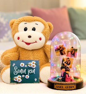 Kişiye Özel 3 Fotoğraflı Renkli LED Işıklı Fanus(sırt sırta biblolu) ve Peluş Maymun Sevgiliye Hediye Kadına Hediye