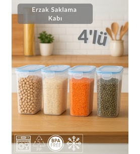 4'lü Set Erzak Kabı Vakumlu Hava Almaz BPA FREE Kilitlenebilir Bakliyat Kabı 3 L
