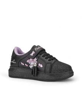 Kız Çocuk Sneaker Püsküllü Simli Burun Lastik Bağcıklı Cırtlı Spor Ayakkabı 3740 (Siyah)