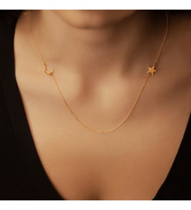 Kişiye Özel 925 Ayar Gümüş Minimalist Ay ve Yıldız Kolye Kadınlar Günü Hediye Takı (Gold)