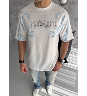 Erkek Bisiklet Yaka Yıldırım Baskılı Kısa kol T-Shirt - Beyaz