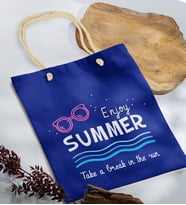 BK Gift Yaz Temalı Saks Mavi Halat Saplı Kumaş Plaj Çantası -8, Baskılı Omuz Çantası, Alışveriş Çantası, Arkadaşa Hediye, Sevgiliye Hediye