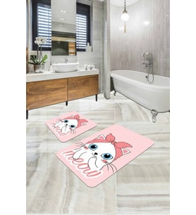 Pembe Kedi Desenli Banyo Halısı Klozet Paspas Seti BS261