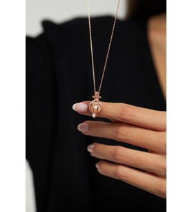 Zirkon Taşlı Rose Kalp Motifli İncili Kafes Gümüş Kolye