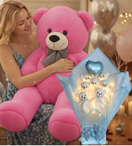 Sevgiliye Özel 90 cm Peluş Ayı ve LED’li Mavi Ayıcık Buketi Kalp Balonlu Sevgililer Günü Hediye Seti (Fuşya)