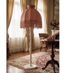 Pembe Kadife Başlık Beyaz Ahşap Ayaklı Taçlı Lambader Vintage Model 50x170cm