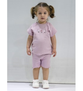 KD43018 Kaşkorse Nakışlı Tişört Şort Takım 6-9/9-12/18-24/24-36AY (Pembe)