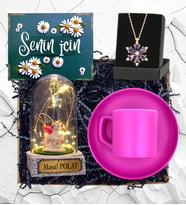 Size Özel Led Işıklı Unicornlu Fanus, Pembe Kahve Fincanı ve Lotus Kolye Hediye Seti