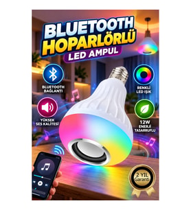 12W RGB LED Ampul, Bluetooth Hoparlörlü, E27 Duy Tipi, 100–240V AC