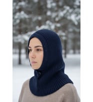 Şapka - Triko Başlık Lacivert Balaclava Bere Örgü Başlık Kapüşonlu Tesettür Kışlık Lüks Ürün