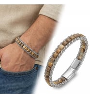Moncuk Design Odun Jasper Doğal Taşlı Hasır Örgü Zincirli Erkek Çelik Bileklik 33512B28D3
