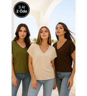 Kadın 3'lü Paket Kahverengi-Haki-Bej Viskon Ön Arka V Yakalı T-shirt Yarasa Kol Relaxed Bluz