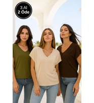 Kadın 3'lü Paket Kahverengi-Haki-Bej Viskon Ön Arka V Yakalı T-shirt Yarasa Kol Relaxed Bluz