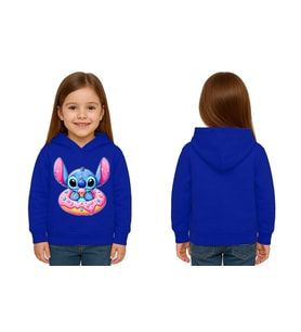 Unisex Stitch Baskılı Çocuk Swaetshirt Baskılı Kapüşonlu 3 İplik Şardonlu (SAKS MAVI)