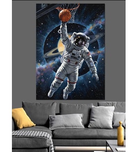 Uzayda Basketbol Oynayan Astronot Dekoratif Kanvas - Mdf Ahşap Tablo