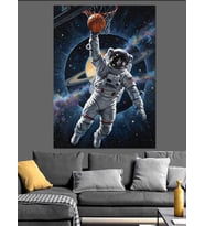 Uzayda Basketbol Oynayan Astronot Dekoratif Kanvas - Mdf Ahşap Tablo