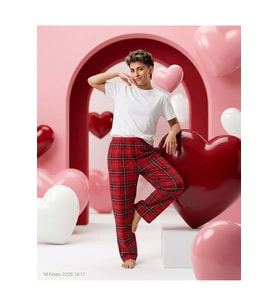 Kadın Pamuklu Lastikli Bel Pijama Altı Soft Örme Mevsimlik Ev Pantolonu Rahat Kırmızı Siyah Kare Desen