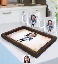 BK Gift Kişiye Özel Kadın Radyolojist Karikatürlü Doğal Ahşap Tepsi ve 2’li Kupa Bardak Seti-1