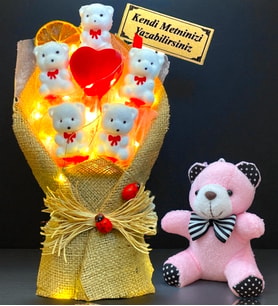 Kişiye Özel Tasarım Led Işıklı Buket ve Peluş Ayıcık Anahtarlık (Model 3)