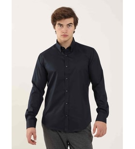 Lacivert Erkek Slim Fit Düz Düğmeli Yaka Uzun Kol Gömlek