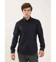 Lacivert Erkek Slim Fit Düz Düğmeli Yaka Uzun Kol Gömlek