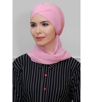 Pembe Pratik Hazır Geçmeli Tesettür Bone Sandy Kumaş Çapraz Büzgülü Şifon Atkılı 1801A_04