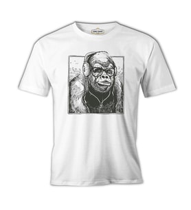 A Gorilla with Headphones Listening to Music Beyaz Erkek Tshirt