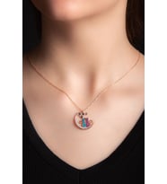 Karışık Zirkon Taşlı Rose Altın Kaplama Kedili Hilal Kolye 925 Ayar            (Çok Renkli)