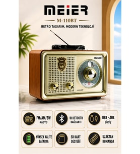 Meier M-110BT Nostaljik Radyo Bluetooth Hoparlör Şarjlı FM/AM/SW Retro Müzik Kutusu
