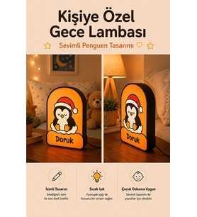 Kişiye Özel İsimli Noel Şapkalı Sevimli Penguen Gece Lambası Sıcak Işıklı Çocuk Odası Dekoru