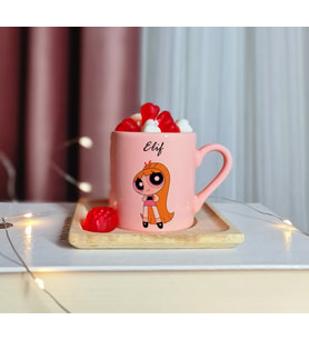 Power Puff Girls ( Blossom ) Tasarımlı Kişiye Özel Pembe Türk Kahvesi Fincanı