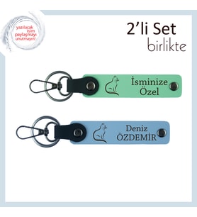 Kedili Stil Tamamlayıcı, Kişiye Özel Yazılı, 2’li Anahtarlık Seti, Açık Yeşil-Gök Mavi