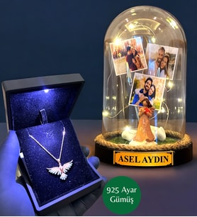 Işıklı Kutuda 925 Ayar Zümrüdü Anka Kuşu Kolye ve Size Özel Led Işıklı Fanus - Premium Set (Model 9)