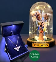 Işıklı Kutuda 925 Ayar Zümrüdü Anka Kuşu Kolye ve Size Özel Led Işıklı Fanus - Premium Set (Model 9)