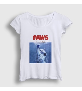 Presmono Kadın Beyaz Paws Jaws Film Komik Kedi Kedili T-Shirt 481413tt