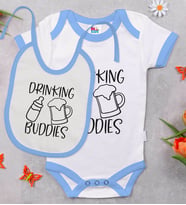 BK Kids Drinking Buddies Tasarımlı Mavi Bebek Body Zıbın ve Mama Önlüğü Hediye Seti-1
