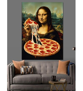 Pizza Yiyen Mona Lisa Portresi Dekoratif Kanvas - Mdf Ahşap Tablo