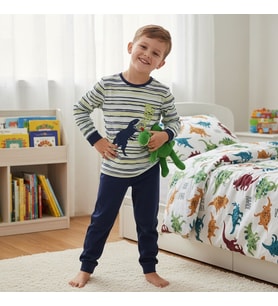 Erkek Çocuk Pamuklu Dinazor Baskılı Uzun Kollu Ekru Çizgili Desenli 2'li Takım CB1070