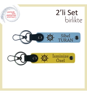 İsim Yazılabilir Gemi Figürlü Deri Anahtarlık, Hediyelik 2’li Takım, Gök Mavi-Sarı