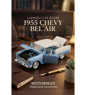 Motormax 1:24 1955 Chevy Bel Air Diecast Metal Model Araba Mavi Beyaz