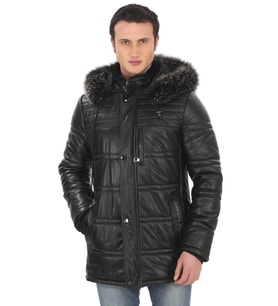 Erkek Hakiki Kuzu Derisi Kışlık Parka Kapüşonlu Kürklü Deri Mont Şişme Mont Gerçek Deri Kaban (Siyah)