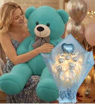 Sevgiliye Özel 90 cm Peluş Ayı ve LED’li Mavi Ayıcık Buketi Kalp Balonlu Sevgililer Günü Hediye Seti (Turkuaz)