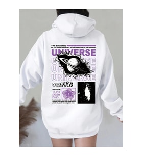 Unisex Universe Baskılı Oversize Baskılı Kapşonlu Sweatshirt 3 Iplik (Beyaz)