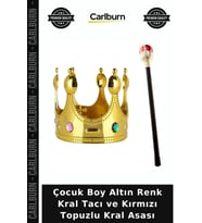 Çocuk Boy Altın Renk Kral Tacı ve Kırmızı Topuzlu Kral Asası Kostüm Detayı Temalı Eğlence