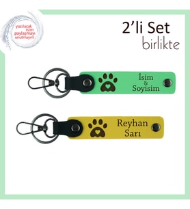 Evcil Hayvan Aşkını Taşıyanlara, Pati Kalpli Yazılabilir Deri Anahtarlık Seti, Fıstık Yeşil-Sarı