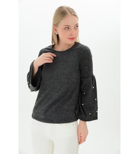 9100985 Yumoş Kolu Geniş Volanlı İncili Bluz SIYAH (Siyah)