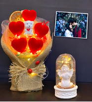 Fotoğraflı Hediye Seti  Led Işıklı Kalp Buketi & Işıklı Beyaz Melekli Fanus