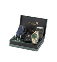 Polo Air Mercek Takvimli Erkek Kol Saati Otomatik Cüzdan Kemer Parfüm Seti Gold Gümüş Yeşil Renk PL-7079E8 (Yeşil-Gold)